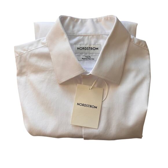 New NORDSTROM Men's White Non-Iron Trim Fit Cotton Dress Shirt Size 16 32/33 - Picture 2 of 7